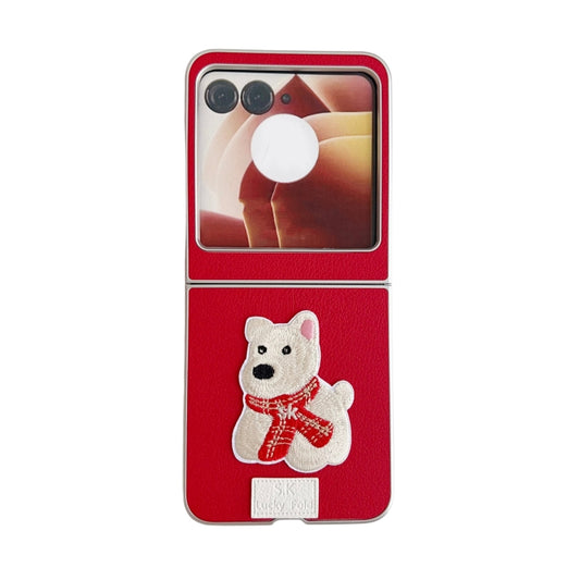 For Motorola Razr 50 Ultra Skin Fee Litchi Pattern Scarf Embroidered Dog Phone Case(Red) - Motorola Cases by buy2fix | Online Shopping UK | buy2fix