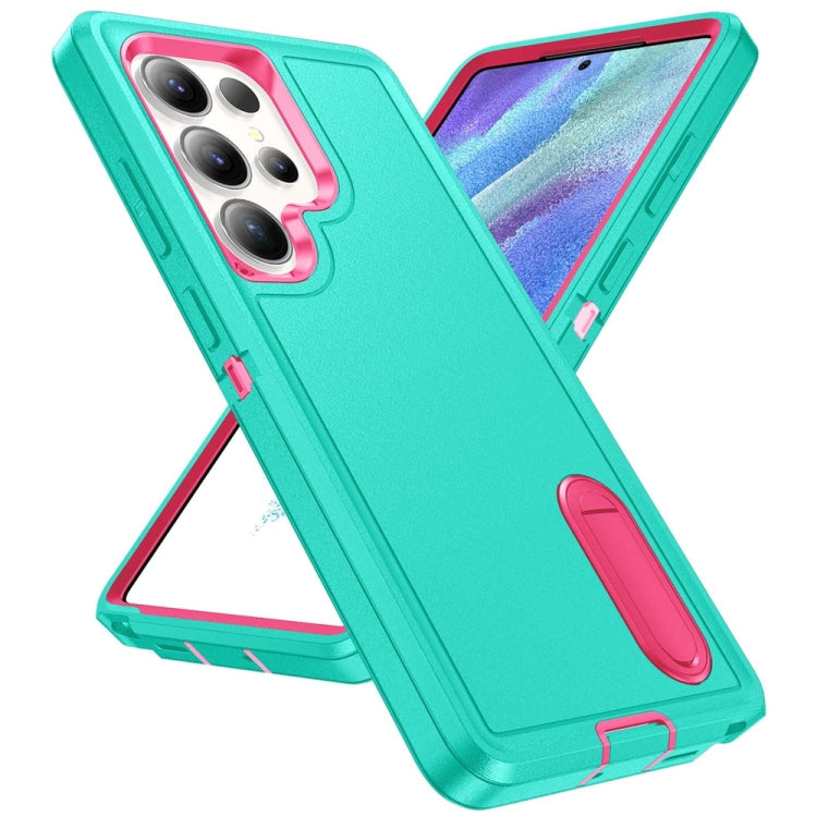 For Samsung Galaxy S25 Ultra 5G Rugged PC Hybrid Silicone Phone Case with Holder(Light Green+Rose Red) - Galaxy S25 Ultra 5G Cases by buy2fix | Online Shopping UK | buy2fix