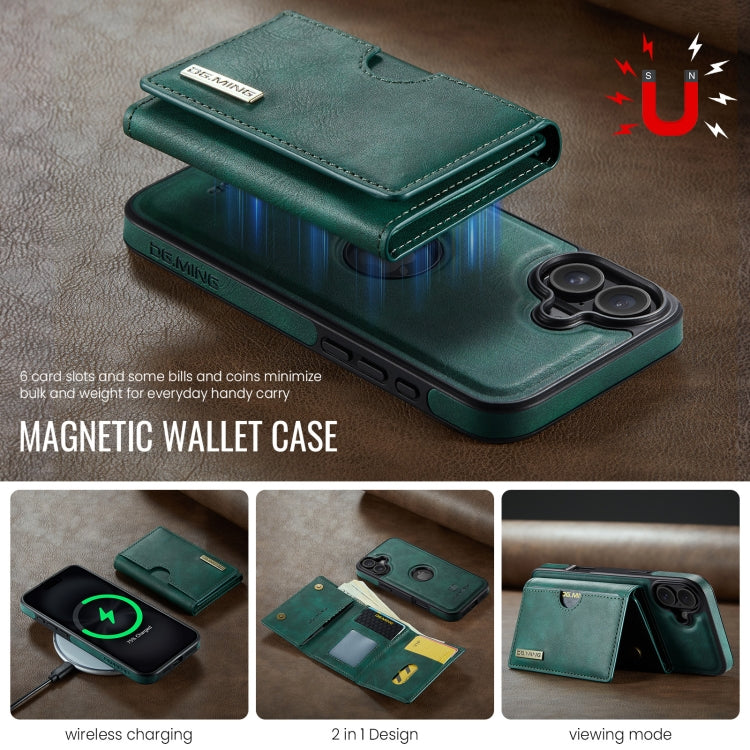 For iPhone 16 Plus DG.MING M6 Series RFID Tri-fold Card Bag Removable Leather Phone Case(Green) - iPhone 16 Plus Cases by DG.MING | Online Shopping UK | buy2fix