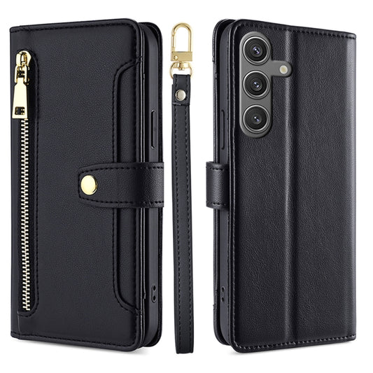 For Samsung Galaxy S25 5G Sheep Texture Cross-body Zipper Wallet Leather Phone Case(Black) - Galaxy S25 5G Cases by buy2fix | Online Shopping UK | buy2fix