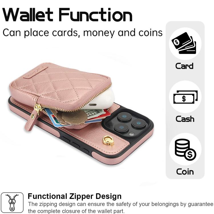 For iPhone 16 Pro Max AwQuer Crossbody Zipper Wallet Bag Litchi Leather Phone Case(Rose Gold) - iPhone 16 Pro Max Cases by Awquer | Online Shopping UK | buy2fix