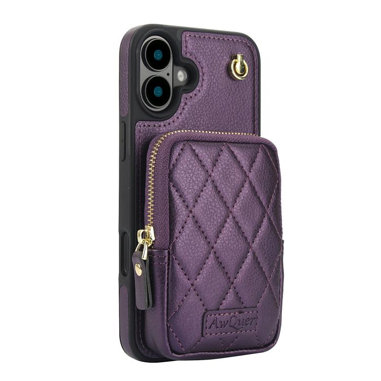 For iPhone 16 AwQuer Crossbody Zipper Wallet Bag Litchi Leather Phone Case(Dark Purple) - iPhone 16 Cases by Awquer | Online Shopping UK | buy2fix