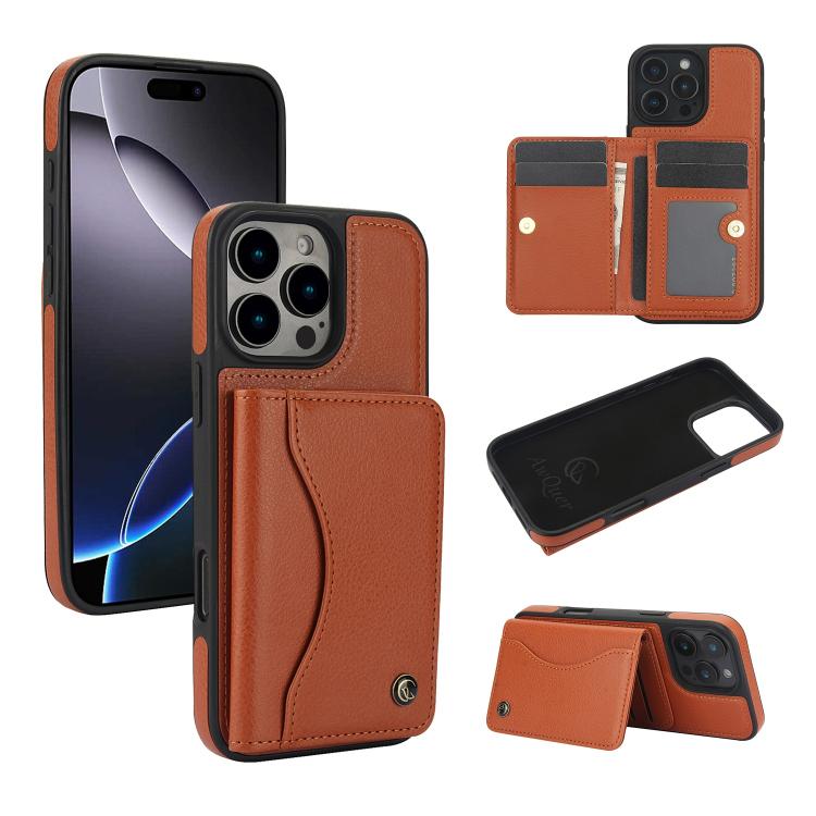 For iPhone 16 Pro AwQuer Horizontal Flip Card Bag Holder Leather Phone Case(Brown) - iPhone 16 Pro Cases by Awquer | Online Shopping UK | buy2fix