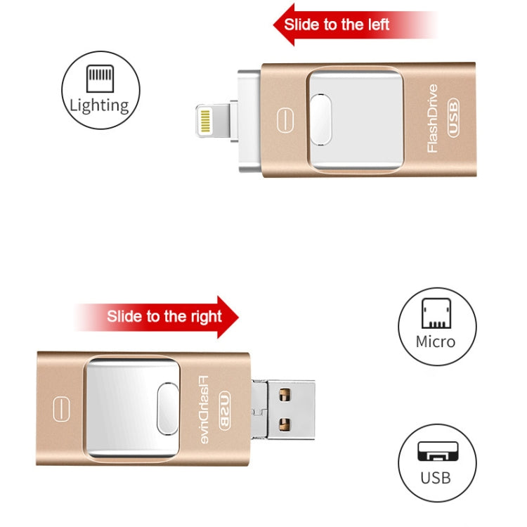 128GB USB 3.0 + 8 Pin + Mirco USB Android iPhone Computer Dual-use Metal Flash Drive (Gold) - U Disk & Card Reader by buy2fix | Online Shopping UK | buy2fix