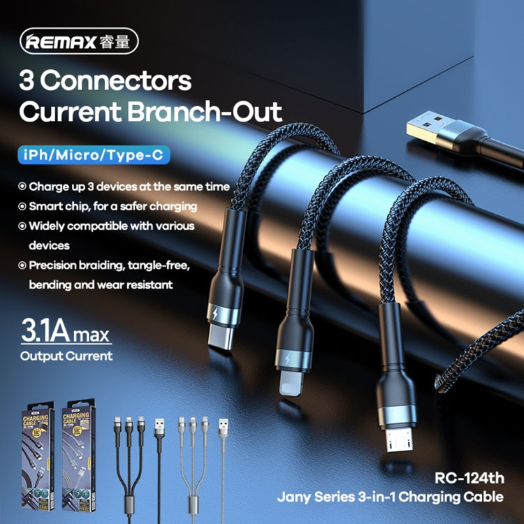 REMAX RC-124th Jany Series 3.1A 3 in 1 USB to Type-C + 8 Pin + Micro USB Charging Cable, Cable Length: 1.2m(Black) - Multifunction Cable by REMAX | Online Shopping UK | buy2fix