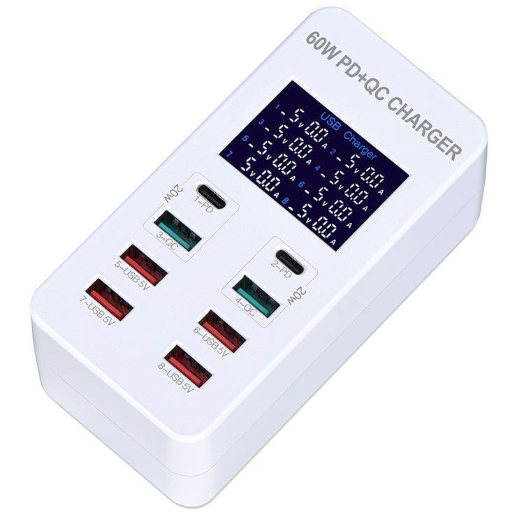 A8T 60W 8 Ports USB + QC3.0 + PD Type-C Smart Charging Station with Digital Display AC100-240V, UK Plug - Multifunction Charger by buy2fix | Online Shopping UK | buy2fix