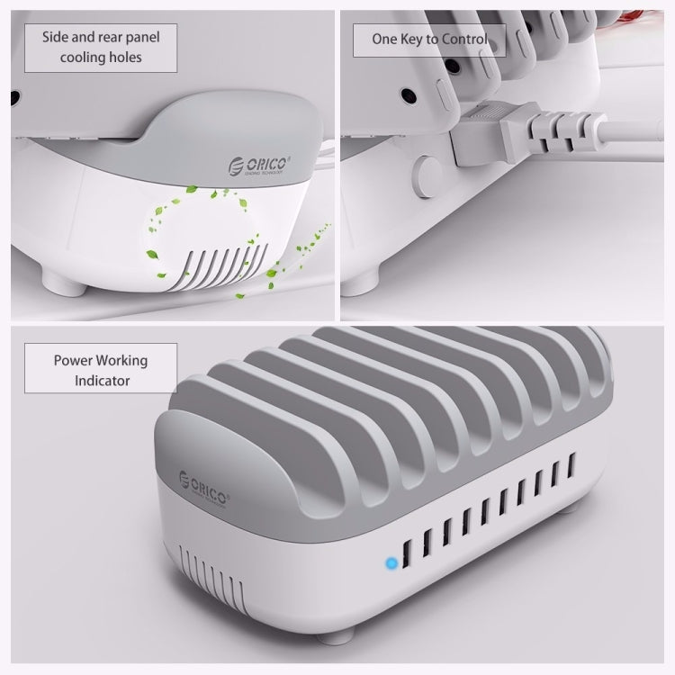 ORICO DUK-10P 120W 10 USB Ports Smart Charging Station with Phone & Tablet Stand, UK Plug(White) - Multifunction Charger by ORICO | Online Shopping UK | buy2fix