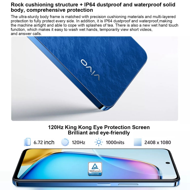 vivo Y200i, Dual Back Cameras, 8GB+256GB, Face ID Screen Fingerprint Identification, 6.72 inch Android 14.0 OriginOS 4 Snapdragon 4 Gen 2 Octa Core 2.2GHz, OTG, Network: 5G, Support Google Play (Blue) - vivo by vivo | Online Shopping UK | buy2fix