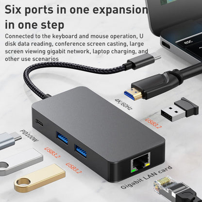 BYL-2308 6 in 1 USB-C / Type-C to USB3.2 + Gigabit Internet + HDTV HUB Adapter (Dark Gray) - USB HUB by buy2fix | Online Shopping UK | buy2fix