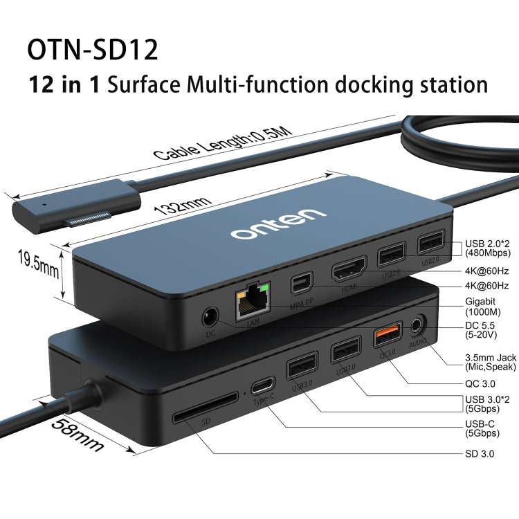 Onten SD12 For Microsoft Surface 12 in 1 Multi-function Docking Station - USB HUB by Onten | Online Shopping UK | buy2fix