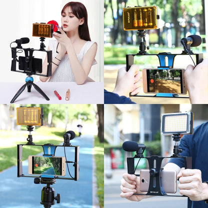 PULUZ 3 in 1 Vlogging Live Broadcast LED Selfie Light Smartphone Video Rig Kits with Microphone + Cold Shoe Tripod Head for iPhone, Galaxy, Huawei, Xiaomi, HTC, LG, Google, and Other Smartphones(Blue) - Camera Cage by PULUZ | Online Shopping UK | buy2fix