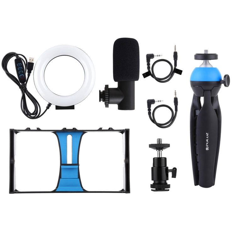 PULUZ 4 in 1 Vlogging Live Broadcast Smartphone Video Rig + 4.7 inch 12cm Ring LED Selfie Light Kits with Microphone + Tripod Mount + Cold Shoe Tripod Head for iPhone, Galaxy, Huawei, Xiaomi, HTC, LG, Google, and Other Smartphones(Blue) - Camera Cage by PULUZ | Online Shopping UK | buy2fix