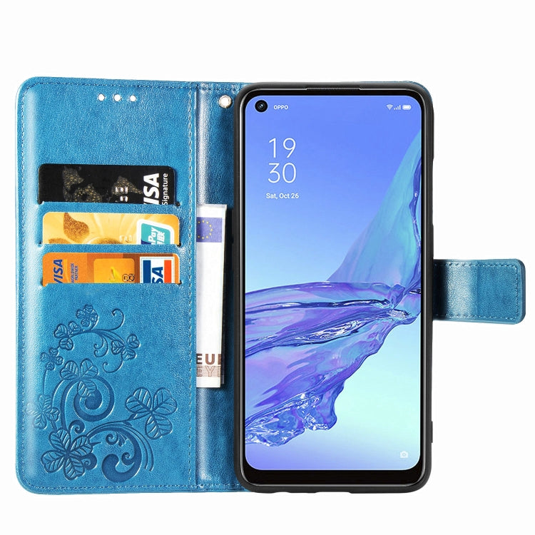 For Oppo A53 2020 Four-leaf Clasp Embossed Buckle Mobile Phone Protection Leather Case with Lanyard & Card Slot & Wallet & Bracket Function(Blue) - OPPO Cases by buy2fix | Online Shopping UK | buy2fix