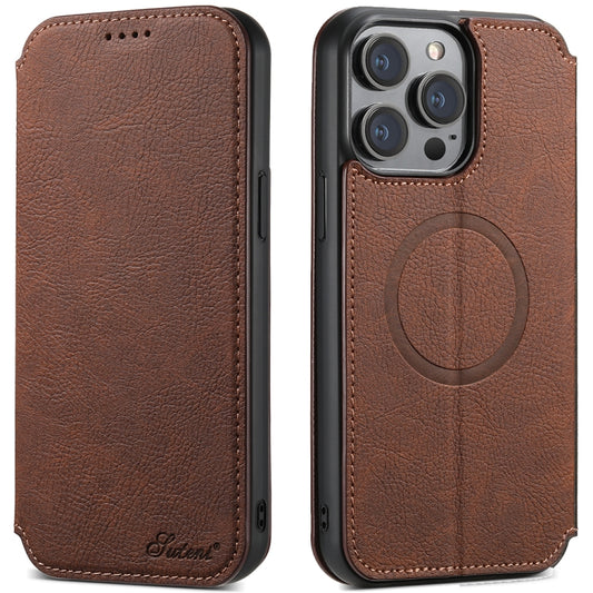 For iPhone 13 Pro Suteni J06 Retro Matte Litchi Texture Leather Magnetic Magsafe Phone Case(Brown) - iPhone 13 Pro Cases by Suteni | Online Shopping UK | buy2fix