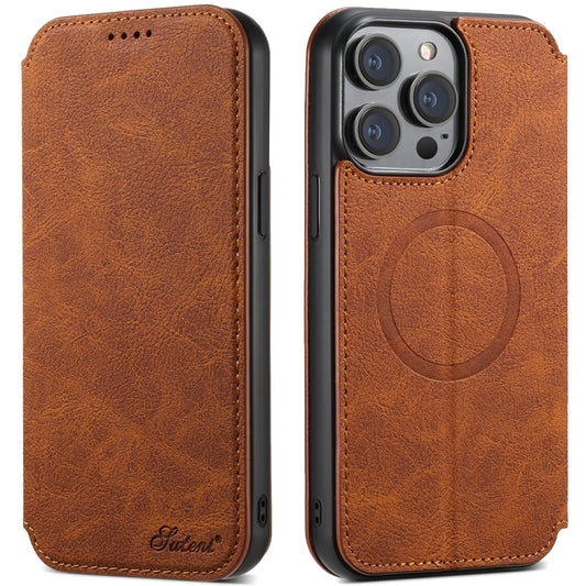 For iPhone 13 Pro Suteni J06 Retro Matte Litchi Texture Leather Magnetic Magsafe Phone Case(Khaki) - iPhone 13 Pro Cases by Suteni | Online Shopping UK | buy2fix