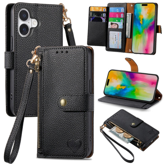 For iPhone 16 Love Zipper Lanyard Leather Phone Case(Black) - iPhone 16 Cases by buy2fix | Online Shopping UK | buy2fix