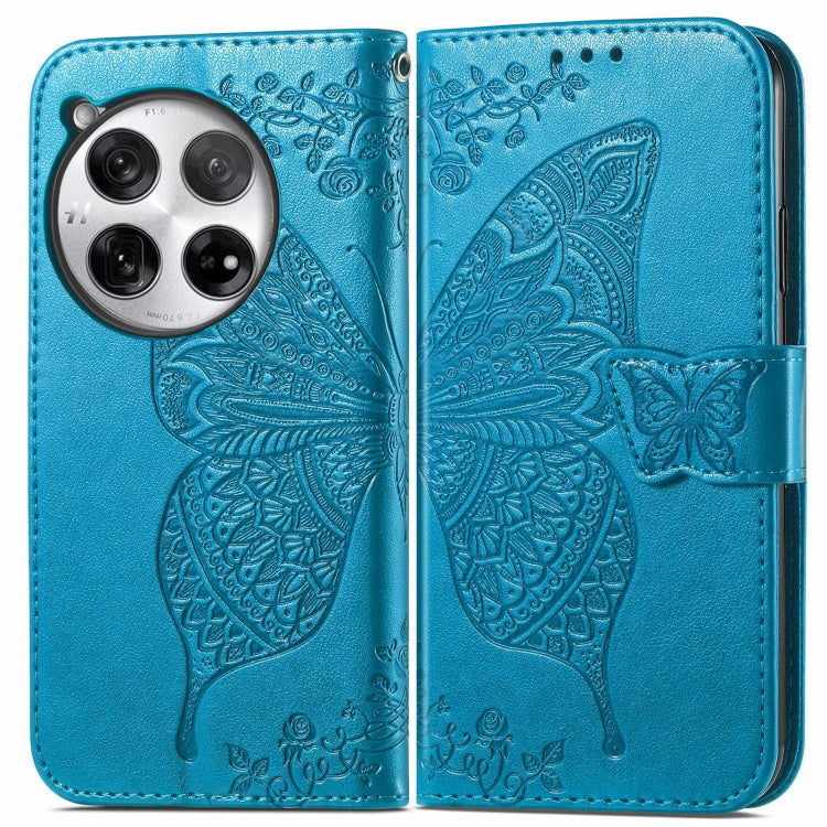 For OnePlus 12 Butterfly Love Flower Embossed Leather Phone Case(Blue) - OnePlus Cases by buy2fix | Online Shopping UK | buy2fix