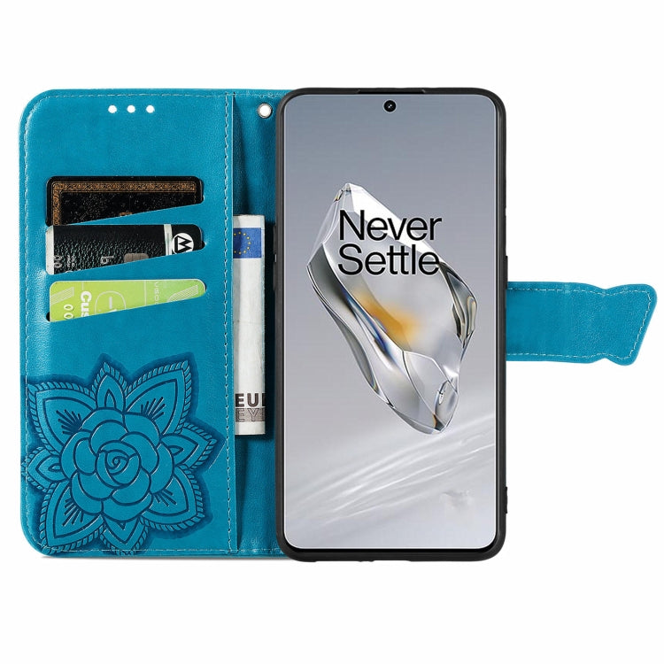 For OnePlus 12 Butterfly Love Flower Embossed Leather Phone Case(Blue) - OnePlus Cases by buy2fix | Online Shopping UK | buy2fix