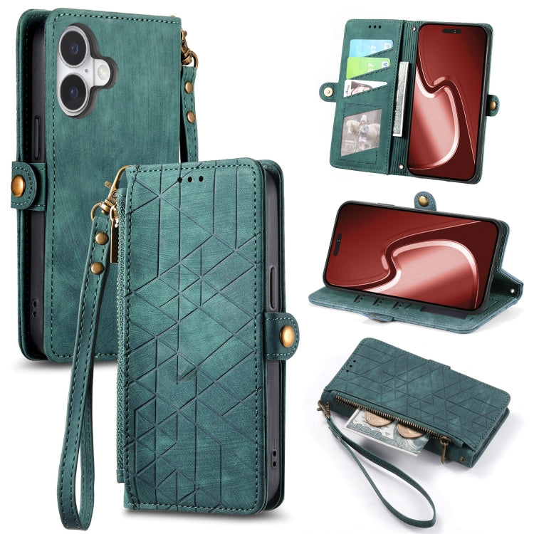 For iPhone 16 Plus Geometric Zipper Wallet Side Buckle Leather Phone Case(Green) - iPhone 16 Plus Cases by buy2fix | Online Shopping UK | buy2fix