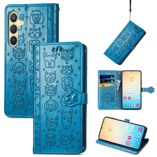 For Samsung Galaxy S25 5G Cat and Dog Embossed Leather Phone Case(Blue) - Galaxy S25 5G Cases by buy2fix | Online Shopping UK | buy2fix