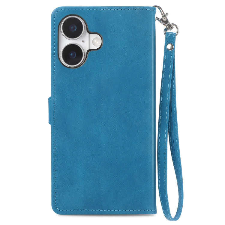 For iPhone 16 Plus Embossed Flower Zipper Leather Phone Case(Blue) - iPhone 16 Plus Cases by buy2fix | Online Shopping UK | buy2fix