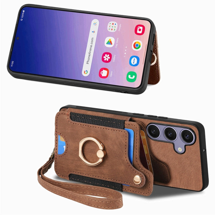 For Samsung Galaxy S25+ 5G Retro Skin-feel Ring Multi-card Wallet Phone Case(Brown) - Galaxy S25+ 5G Cases by buy2fix | Online Shopping UK | buy2fix