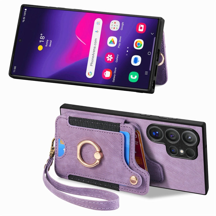 For Samsung Galaxy S25 Ultra 5G Retro Skin-feel Ring Multi-card Wallet Phone Case(Purple) - Galaxy S25 Ultra 5G Cases by buy2fix | Online Shopping UK | buy2fix