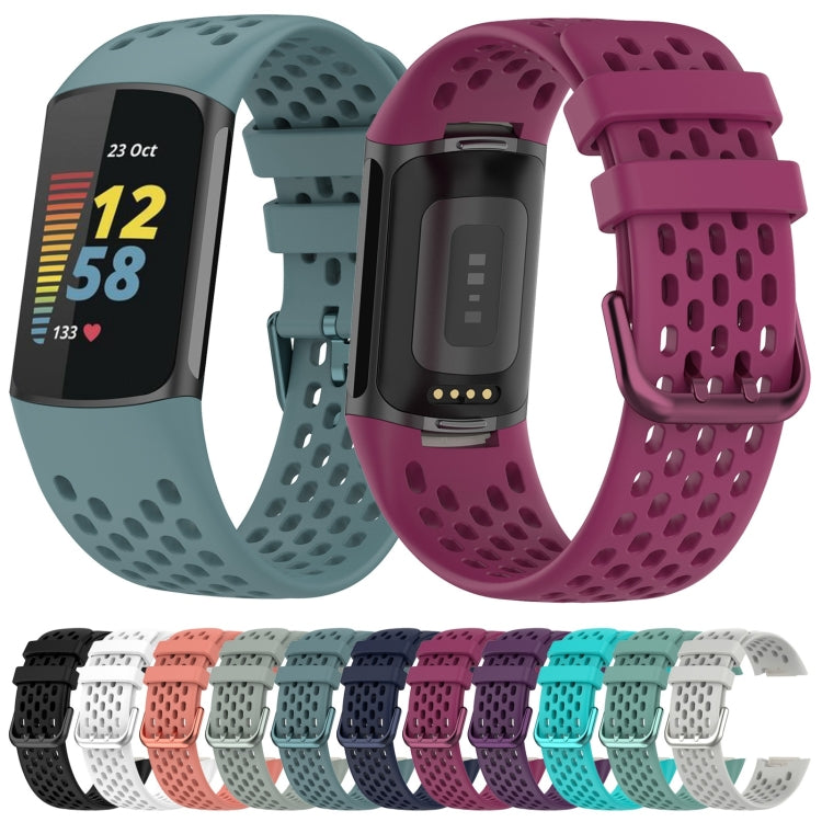 For Fitbit Charge 5 Solid Color Breathable Sports Silicone Watch Band(Gray) - Watch Bands by buy2fix | Online Shopping UK | buy2fix