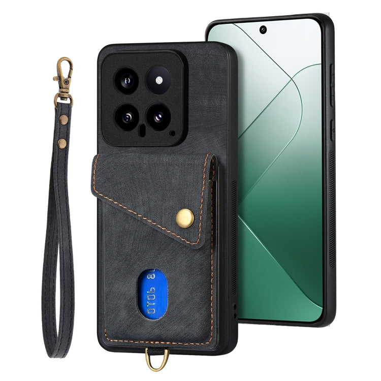 For Xiaomi 14 Retro Card Wallet Fold Leather Phone Case with Strap(Black) - 14 Cases by buy2fix | Online Shopping UK | buy2fix