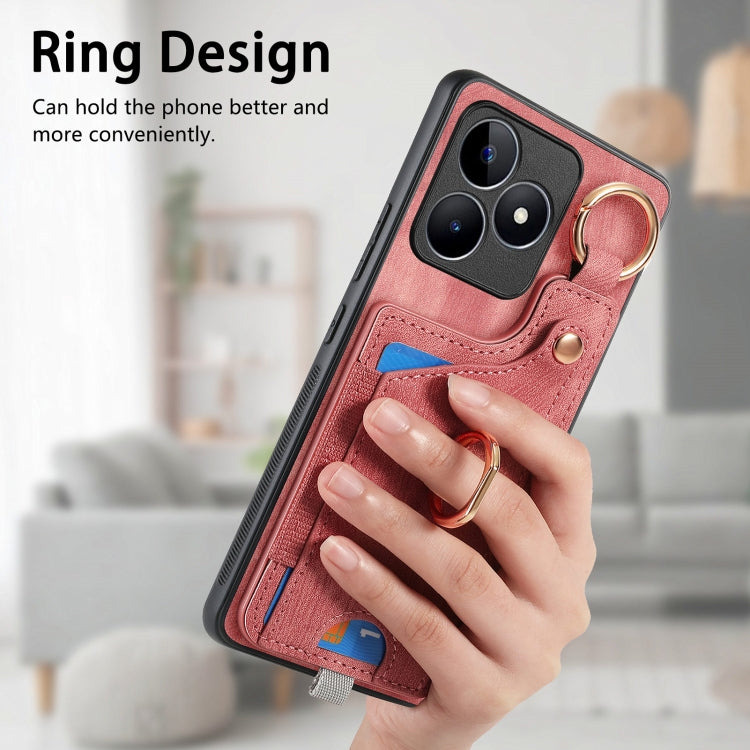For Realme 10 Pro Retro Skin-feel Ring Card Bag Phone Case with Hang Loop(Pink) - Realme Cases by buy2fix | Online Shopping UK | buy2fix