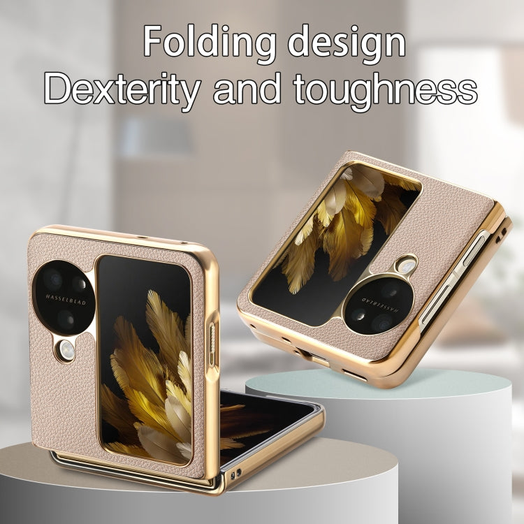 For OPPO Find N3 Flip Litchi Leather Electroplating Shockproof Phone Case(Khaki) - Find N3 Flip Cases by buy2fix | Online Shopping UK | buy2fix