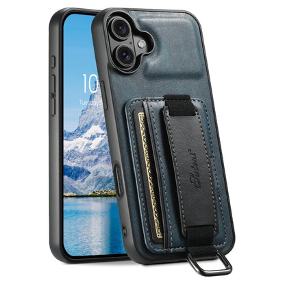 For iPhone 16 Plus Suteni H13 Card Wallet Wrist Strap Holder PU Phone Case(Blue) - iPhone 16 Plus Cases by Suteni | Online Shopping UK | buy2fix