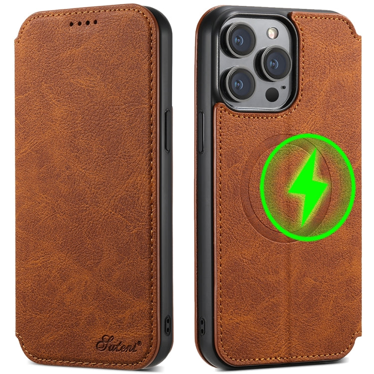 For iPhone 15 Plus Suteni J06 Retro Matte Litchi Texture Leather Magnetic Magsafe Phone Case(Brown) - iPhone 15 Plus Cases by Suteni | Online Shopping UK | buy2fix