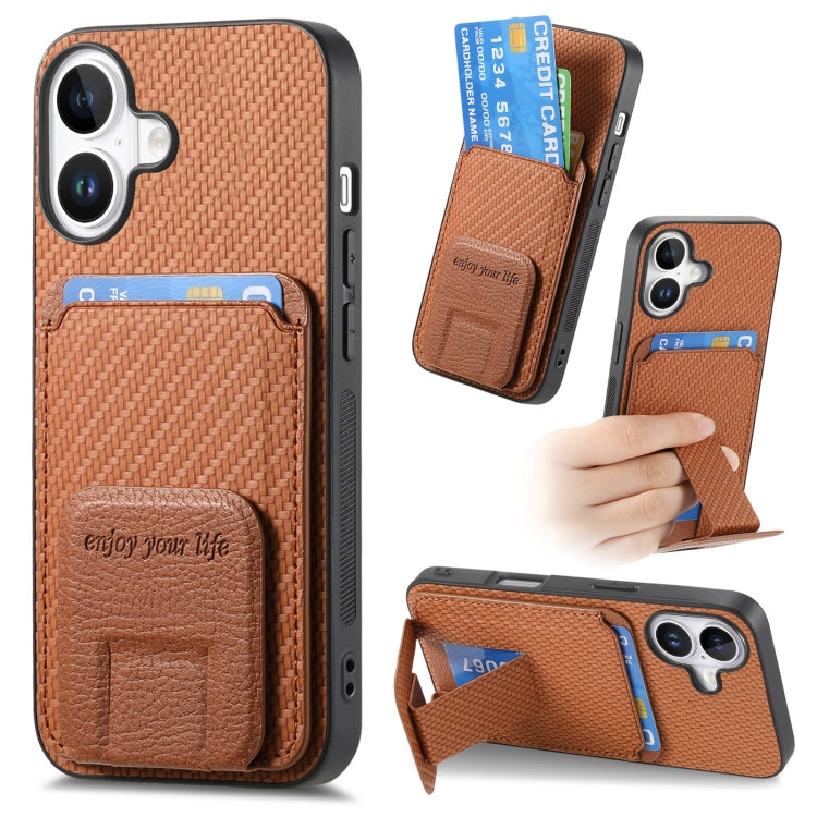 For iPhone 16 Plus Carbon Fiber Card Bag Fold Stand Phone Case(Brown) - iPhone 16 Plus Cases by buy2fix | Online Shopping UK | buy2fix