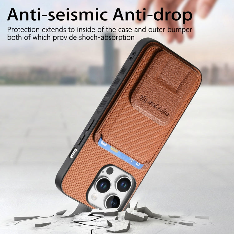 For iPhone 16 Pro Carbon Fiber Card Bag Fold Stand Phone Case(Brown) - iPhone 16 Pro Cases by buy2fix | Online Shopping UK | buy2fix