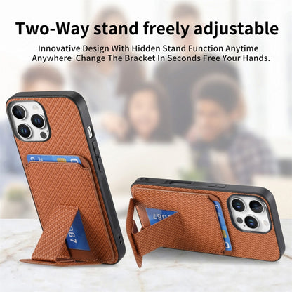 For iPhone 16 Pro Carbon Fiber Card Bag Fold Stand Phone Case(Brown) - iPhone 16 Pro Cases by buy2fix | Online Shopping UK | buy2fix