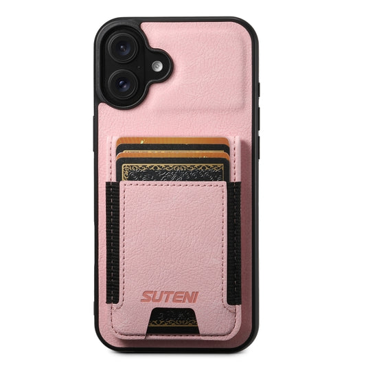 For iPhone 16 Suteni H03 Litchi Leather Card Bag Stand Back Phone Case(Pink) - iPhone 16 Cases by Suteni | Online Shopping UK | buy2fix