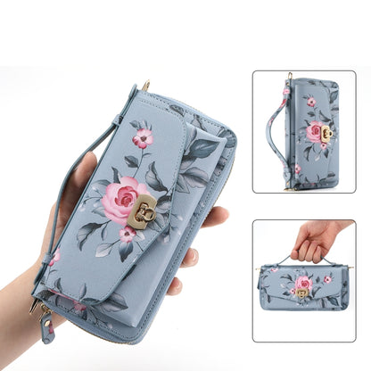 For iPhone 13 Pro Max MagSafe Flower Multi-functional Crossbody Zipper Wallet Leather Phone Case(Blue) - iPhone 13 Pro Max Cases by buy2fix | Online Shopping UK | buy2fix