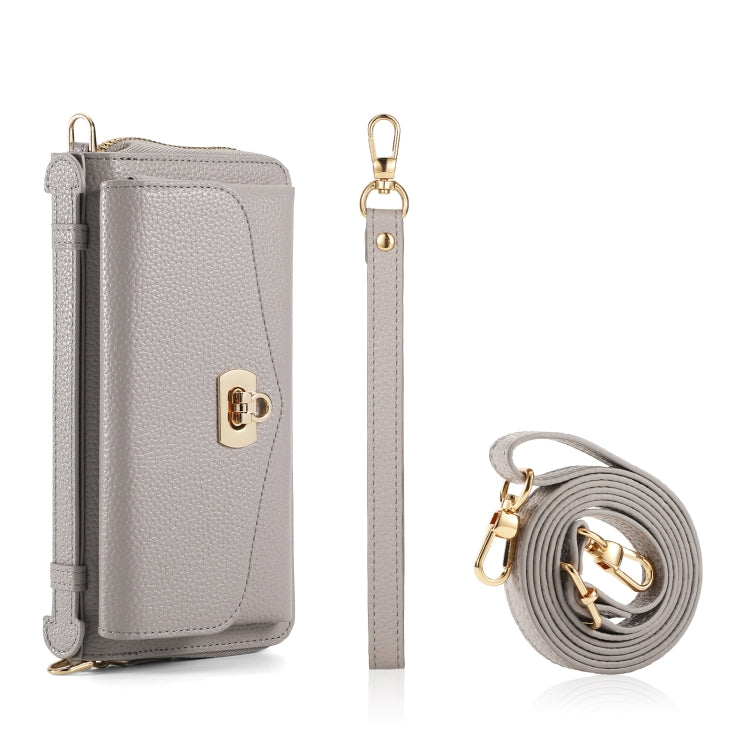 For iPhone 13 MagSafe Crossbody Multi-functional Zipper Wallet Litchi Leather Phone Case(Grey) - iPhone 13 Cases by buy2fix | Online Shopping UK | buy2fix