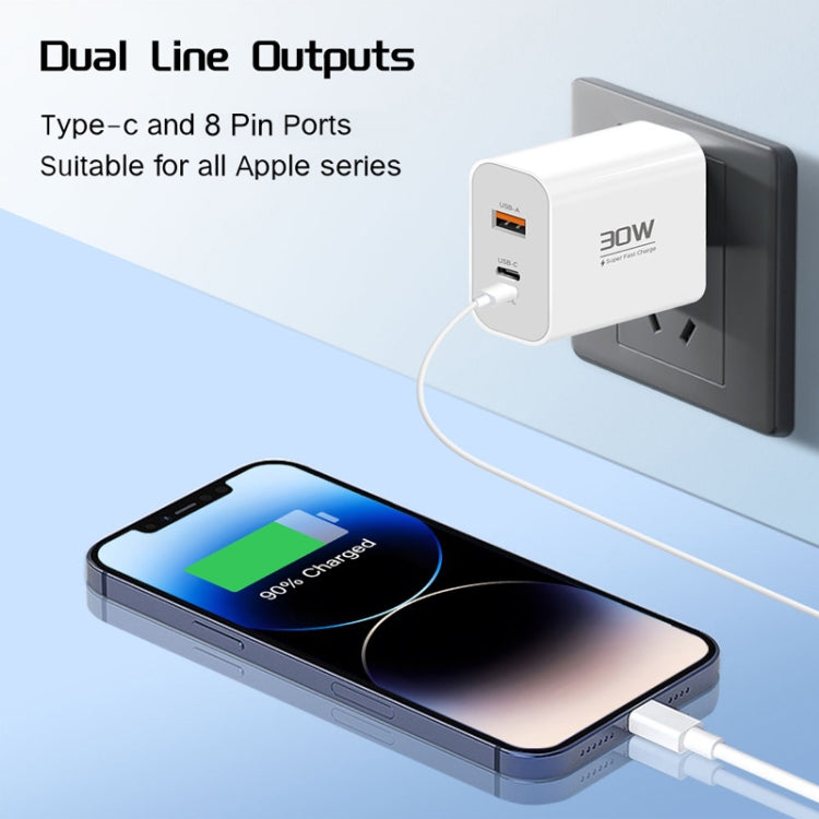 PD30W USB-C / Type-C + 8 Pin + USB Charger with Double Headed Type-C Data Cable(UK Plug) - USB Charger by buy2fix | Online Shopping UK | buy2fix