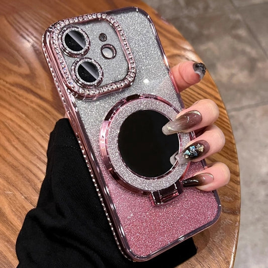 For iPhone 11 MagSafe Rhinestone Mirror Glitter TPU Phone Case(Sakura Pink) - iPhone 11 Cases by buy2fix | Online Shopping UK | buy2fix