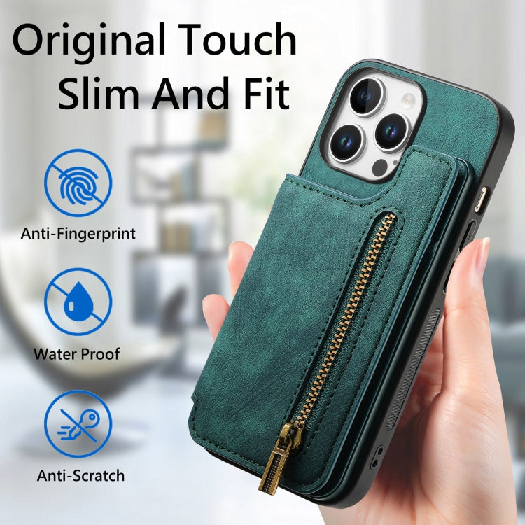 For iPhone 16 Pro Retro Leather Zipper Wallet Back Phone Case(Green) - More iPhone Cases by buy2fix | Online Shopping UK | buy2fix