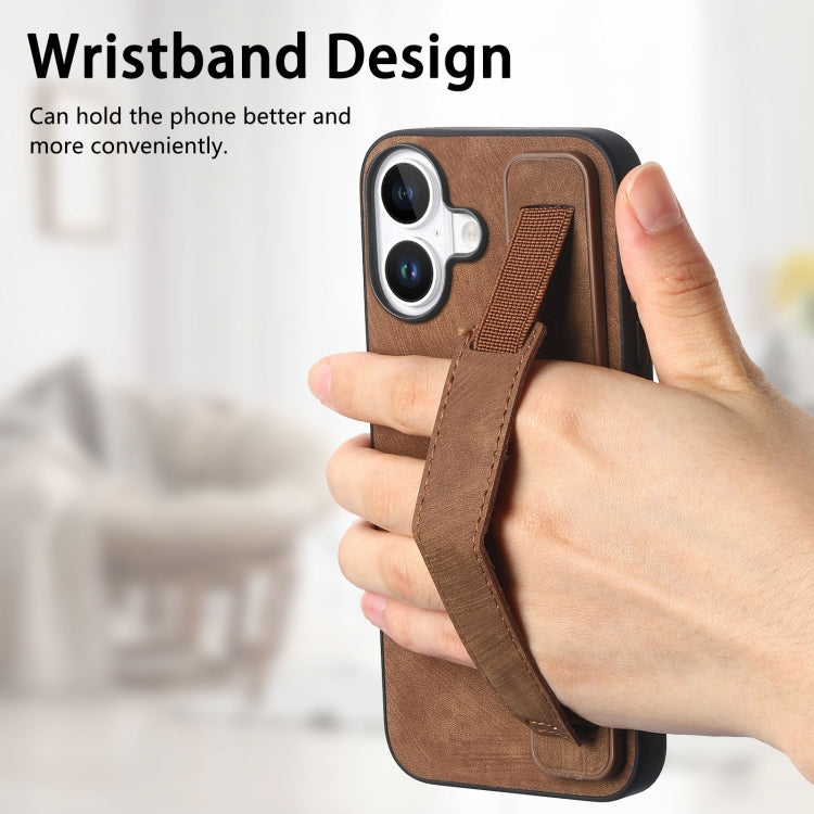 For iPhone 16 Retro Wristband Holder Leather Back Phone Case(Brown) - iPhone 16 Cases by buy2fix | Online Shopping UK | buy2fix