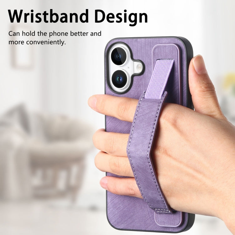 For iPhone 16 Retro Wristband Holder Leather Back Phone Case(Purple) - iPhone 16 Cases by buy2fix | Online Shopping UK | buy2fix