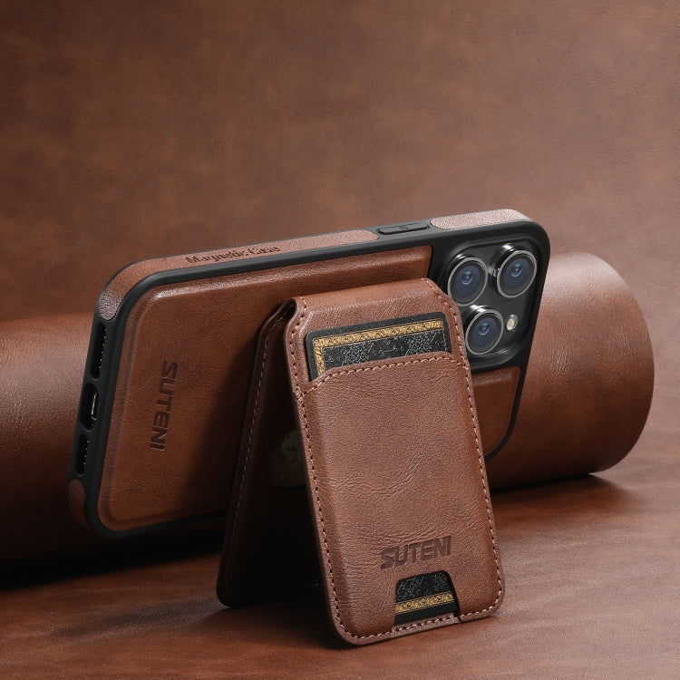 For iPhone 12 Pro Suteni M2 Oil Wax MagSafe Horizontal Card Bag Phone Case(Brown) - iPhone 12 / 12 Pro Cases by Suteni | Online Shopping UK | buy2fix