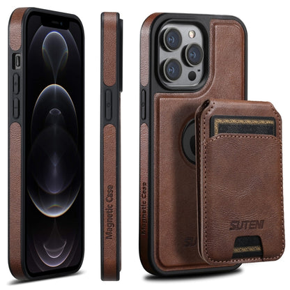 For iPhone 12 Pro Suteni M2 Oil Wax MagSafe Horizontal Card Bag Phone Case(Brown) - iPhone 12 / 12 Pro Cases by Suteni | Online Shopping UK | buy2fix