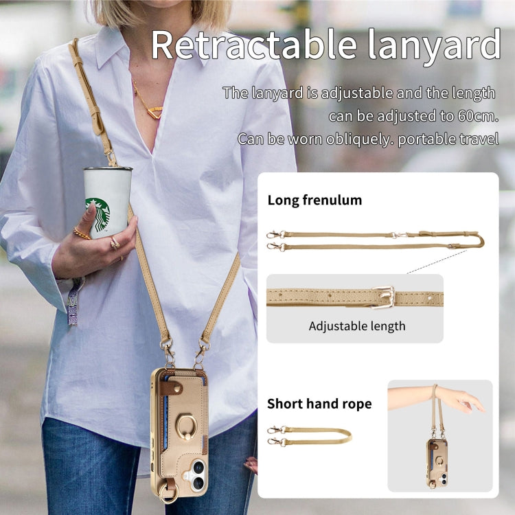 For iPhone 16 Plus Fashion Ring Card Bag Phone Case with Hang Loop(Khaki) - iPhone 16 Plus Cases by buy2fix | Online Shopping UK | buy2fix