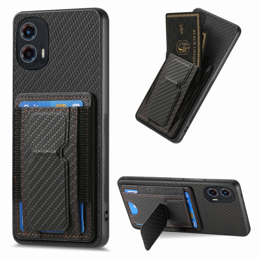 For Motorola Moto G 5G 2024 4G Carbon Fiber Fold Stand Elastic Card Bag Phone Case(Black) - Motorola Cases by buy2fix | Online Shopping UK | buy2fix