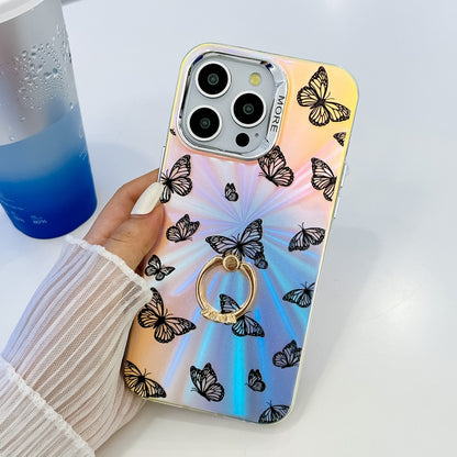 For iPhone 16 Plus Electroplating Laser Butterfly Ring Holder Phone Case(Color Butterflies AB1) - iPhone 16 Plus Cases by buy2fix | Online Shopping UK | buy2fix