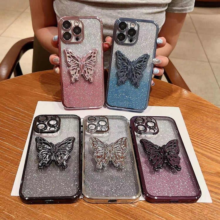 For iPhone 16 Plus Electroplated Gradient Glitter 3D Butterfly TPU Phone Case(Gradient Purple) - iPhone 16 Plus Cases by buy2fix | Online Shopping UK | buy2fix